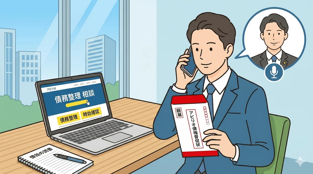 アビリオ債権回収の督促状を持ちながら専門家に電話相談する様子
