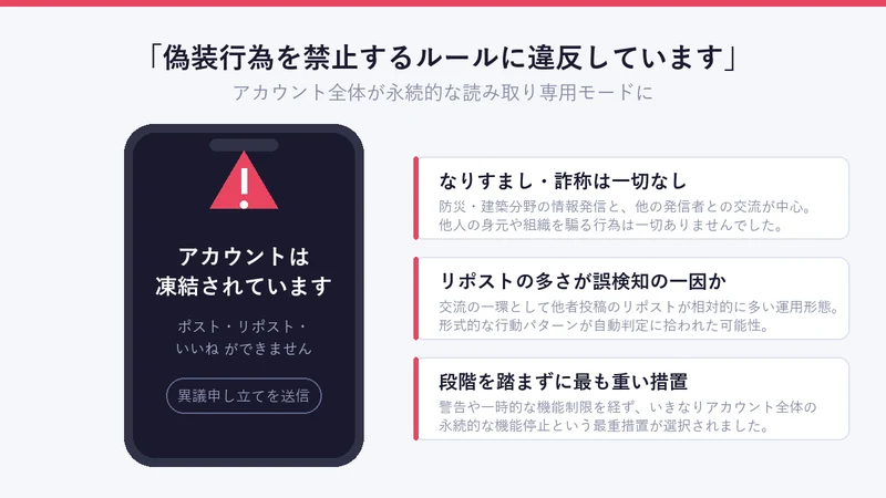 「ご利用のアカウントは凍結されています」と表示された X（旧Twitter）の凍結画面のイメージ