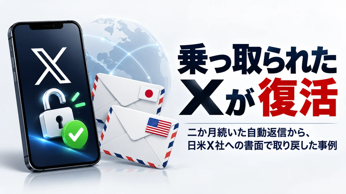 X（旧Twitter）アカウントを乗っ取られ約2か月自動返信が続いた方が、日本と米国のX社へ書面を送付して取り戻した成功事例