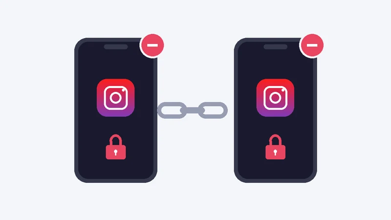 同じ端末で運用していた2つのInstagramアカウントが関連付けられて停止されたことを表すイラスト
