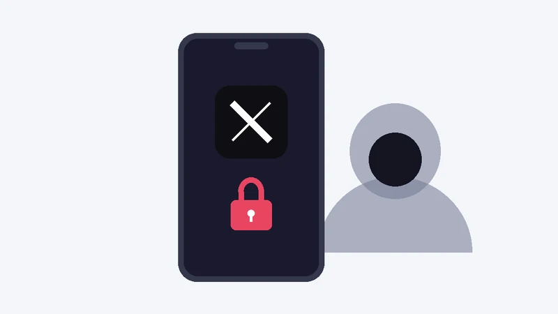 スマートフォンのXアカウントに鍵がかかり、背後に第三者の影があることを表すイラスト（乗っ取り被害のイメージ）