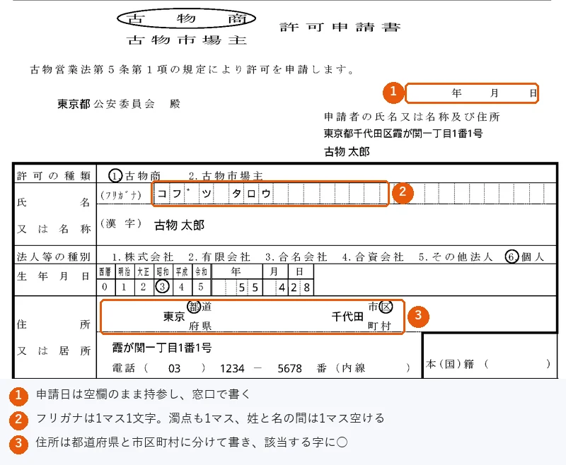 古物商許可申請書その1(ア)の記入見本。申請日は空欄、フリガナは1マス1文字で濁点も1マス、住所は都道府県と市区町村に分けて該当字に○を付けている
